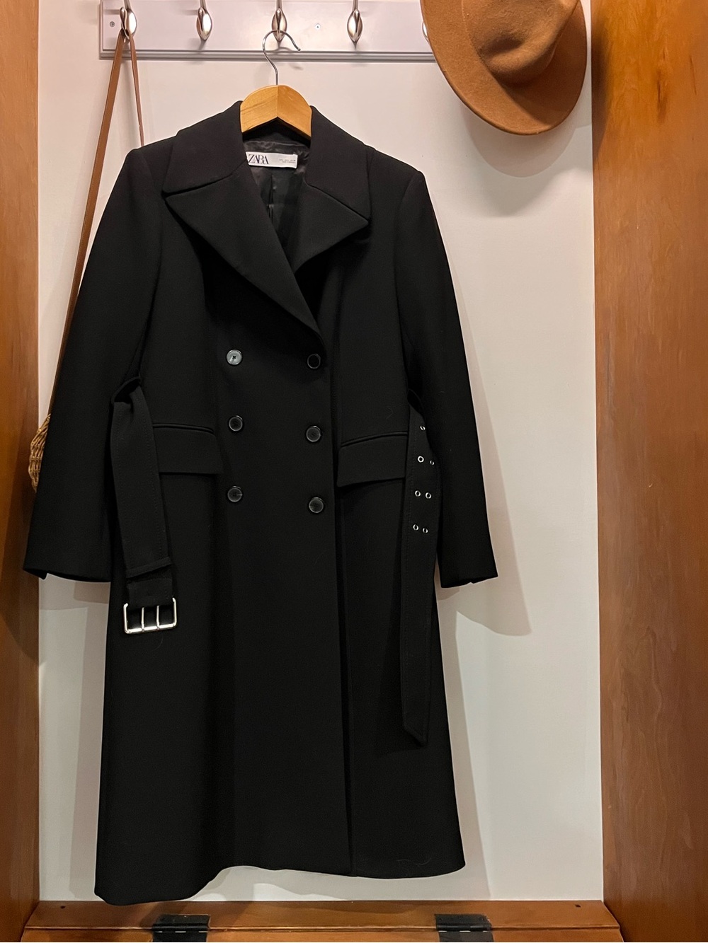 Zara Black Double-Breasted Trench Coat with Belted Waist